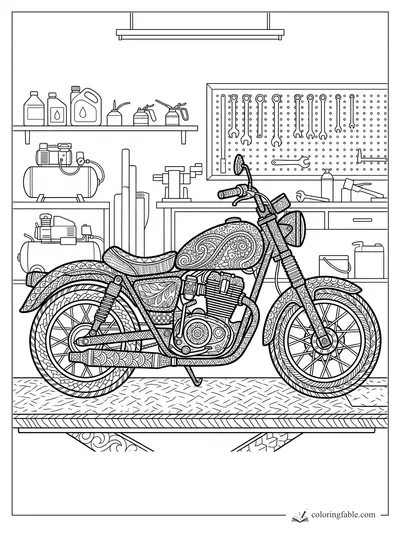 Intricate zentangle motorcycle on a repair lift with tools, oil cans, wrenches, and garage shelves.