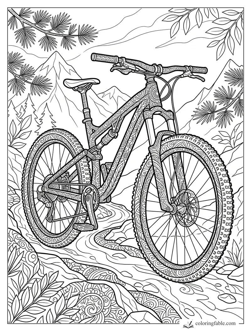 Intricate zentangle mountain bike on a rocky mountain trail with pine branches, leaves, and peaks