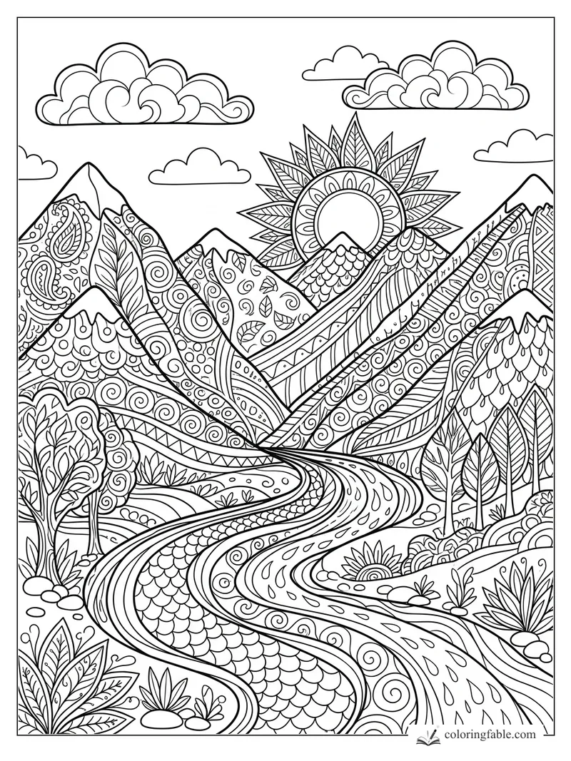 Intricate zentangle mountain valley with sunburst, patterned peaks, clouds, trees, and winding river