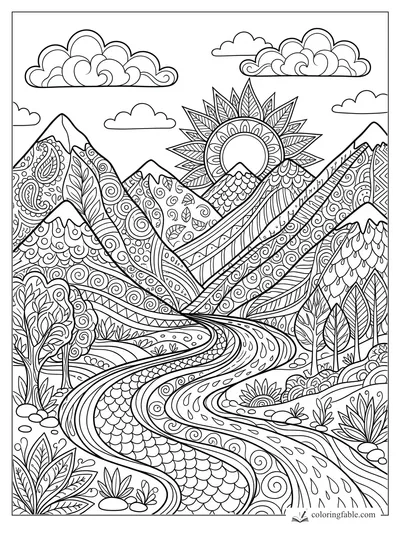 Intricate zentangle mountain valley with sunburst, patterned peaks, clouds, trees, and winding river