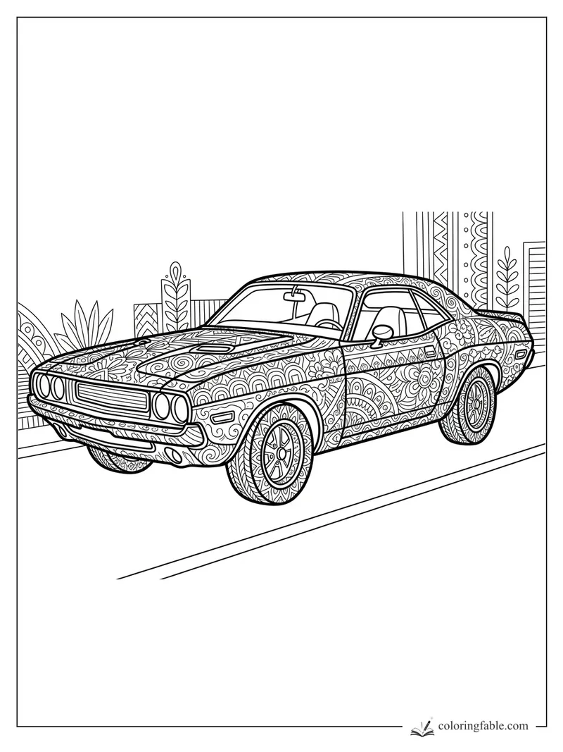 Intricate zentangle muscle car with floral panels, round headlights, city planters, and patterned tires.