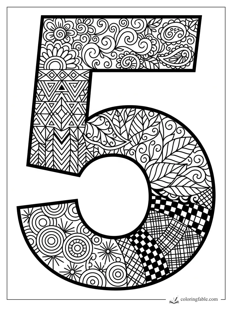 Intricate zentangle number 5 with flowers, leaves, spirals, triangles, circles, and checkerboard sections.