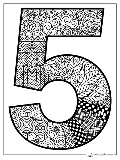 Intricate zentangle number 5 with flowers, leaves, spirals, triangles, circles, and checkerboard sections.