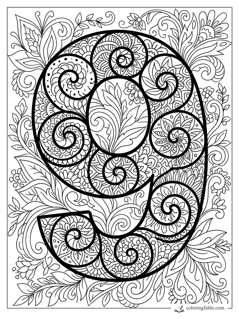 Intricate zentangle number 9 filled with spiral flowers, leaves, dots, and bold black outlines