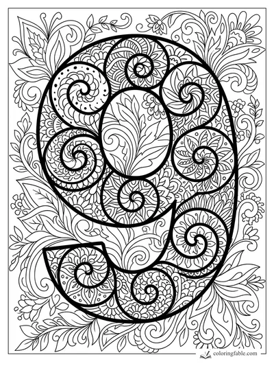 Intricate zentangle number 9 filled with spiral flowers, leaves, dots, and bold black outlines