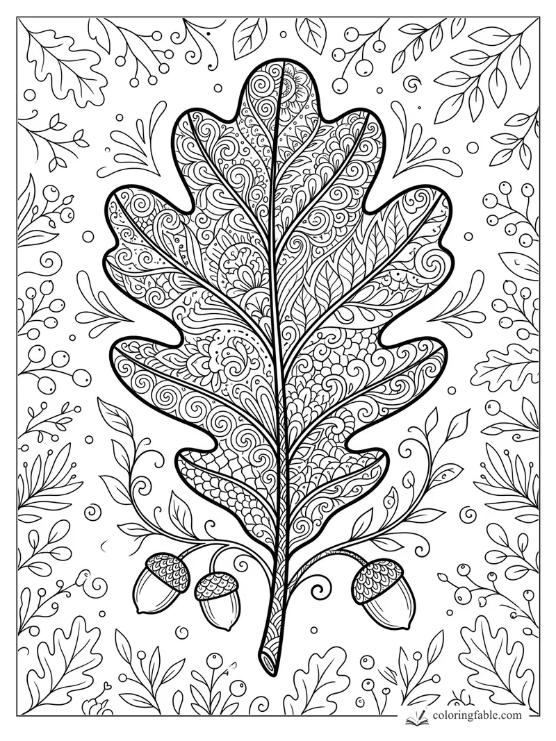 Intricate zentangle oak leaf with acorns, berries, vines, and autumn leaves