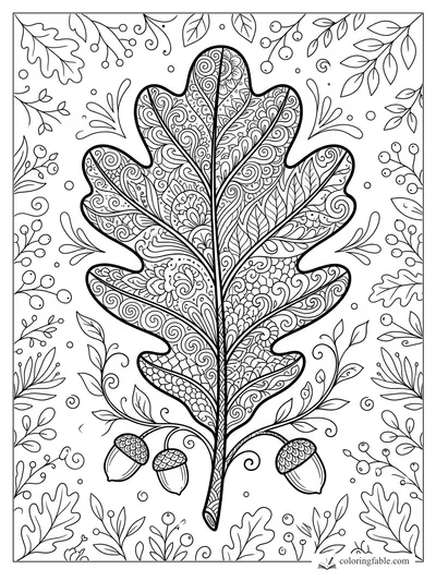 Intricate zentangle oak leaf with acorns, berries, vines, and autumn leaves