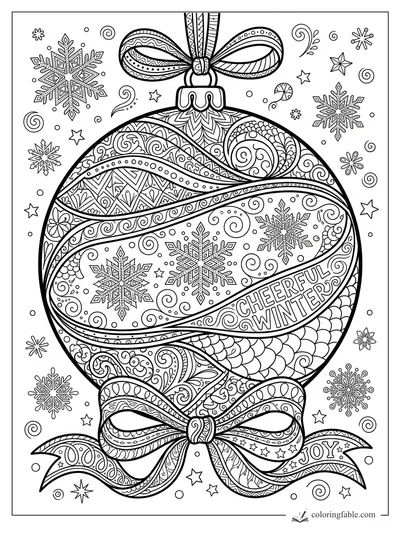 Intricate zentangle Christmas ornament with bows, snowflakes, swirls, and cheerful winter ribbon