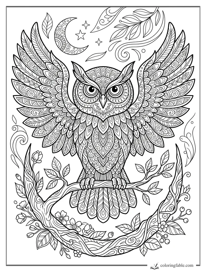 Intricate zentangle owl with spread wings, crescent moon, stars, leafy branches, and flowers