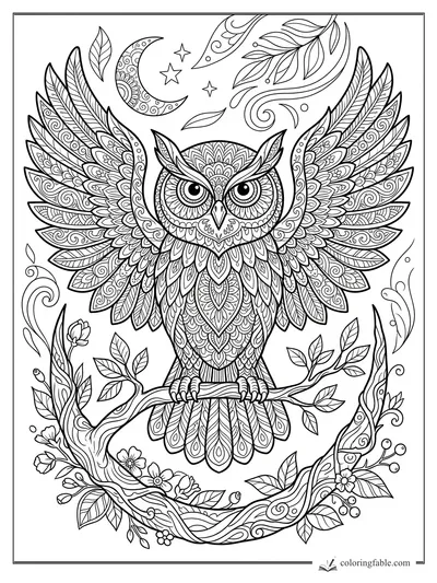 Intricate zentangle owl with spread wings, crescent moon, stars, leafy branches, and flowers