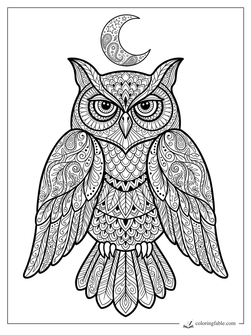 Intricate zentangle owl with wide eyes, patterned wings, scalloped chest, and crescent moon overhead