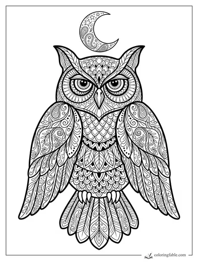 Intricate zentangle owl with wide eyes, patterned wings, scalloped chest, and crescent moon overhead