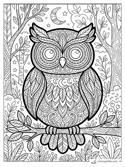 Intricate kawaii zentangle owl on a branch with leafy trees, stars, and a crescent moon