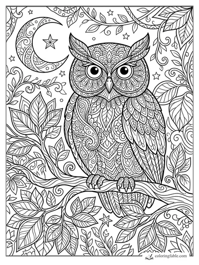 Intricate zentangle owl on a branch with crescent moon, stars, vines, and patterned leaves