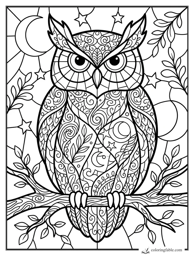 Intricate stained glass owl with zentangle feathers, crescent moon, stars, branches, and leafy vines
