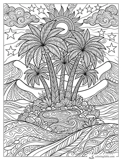 Intricate zentangle palm oasis with patterned sun, clouds, stars, waves, rocks, and a round pool.