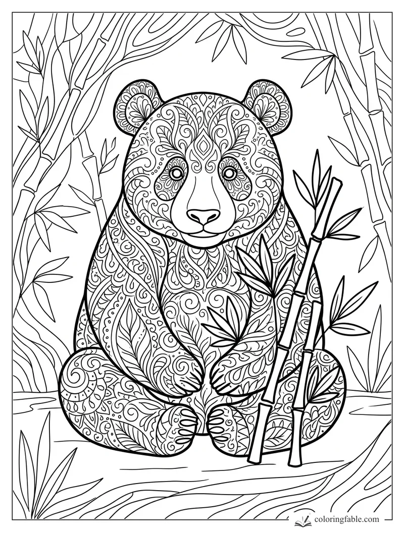 Intricate zentangle panda sitting among bamboo stalks with patterned ears, paws, and face