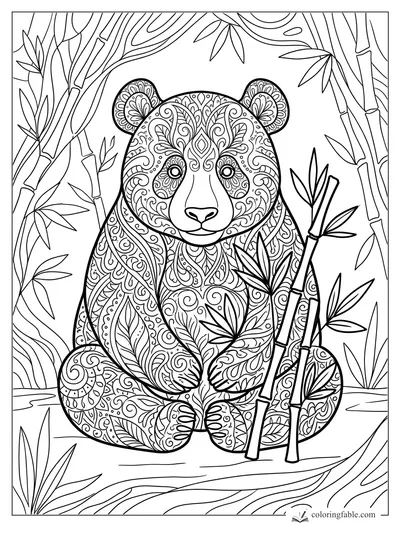 Intricate zentangle panda sitting among bamboo stalks with patterned ears, paws, and face