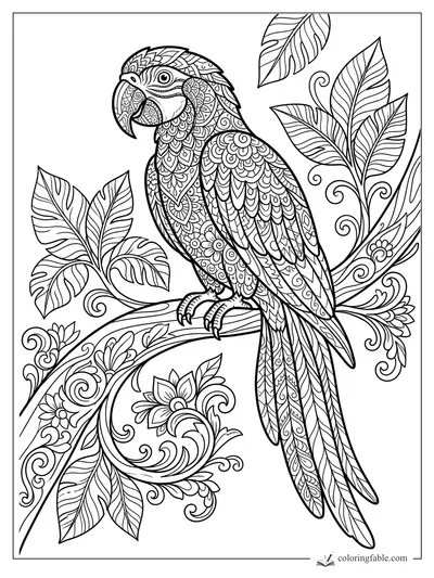 Intricate zentangle parrot perched on a curling flowering vine with patterned leaves