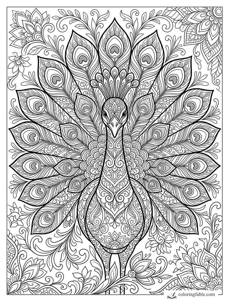 Intricate zentangle peacock with fanned feathers, heart-shaped eyespots, vines, and floral corner patterns.