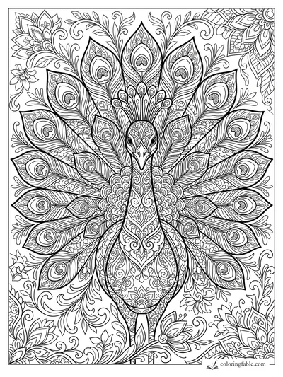 Intricate zentangle peacock with fanned feathers, heart-shaped eyespots, vines, and floral corner patterns.