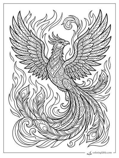 Intricate zentangle phoenix with spread wings, flame shapes, spiral plumes, and long patterned tail feathers.