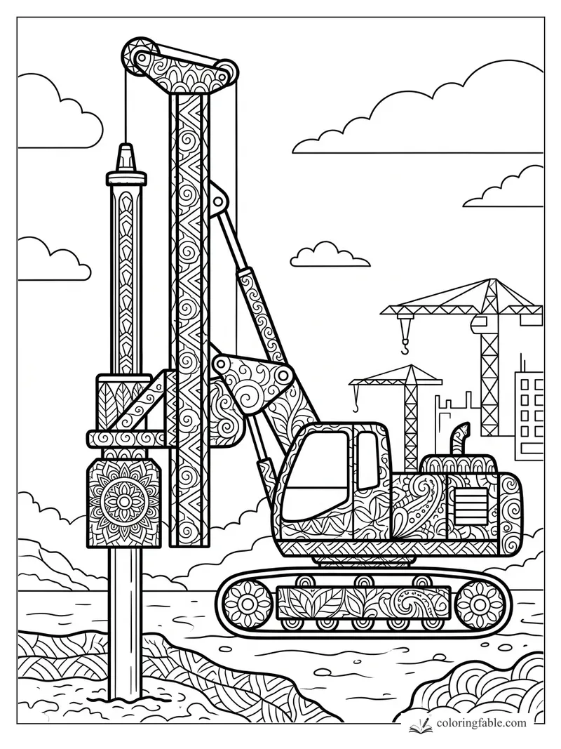 Intricate zentangle crawler pile driver setting a patterned column with cranes and clouds behind it