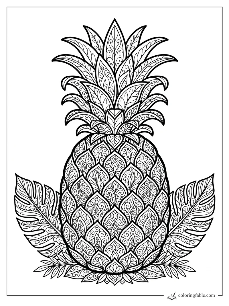 Intricate zentangle pineapple with patterned crown, diamond rind, and tropical leaves