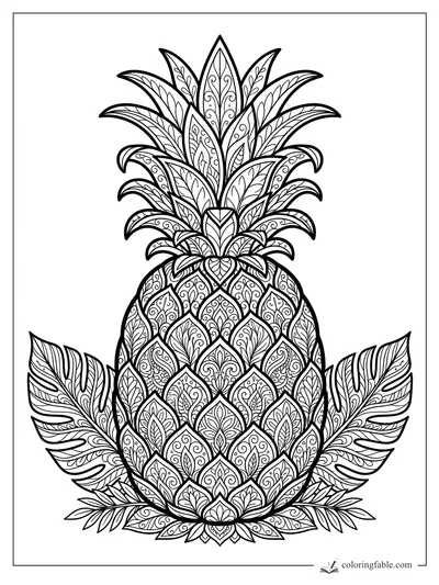 Intricate zentangle pineapple with patterned crown, diamond rind, and tropical leaves