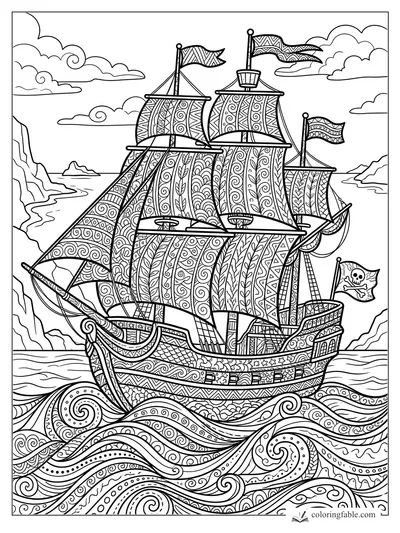Intricate zentangle pirate ship with patterned sails, skull flag, cliffs, clouds, and curling ocean waves