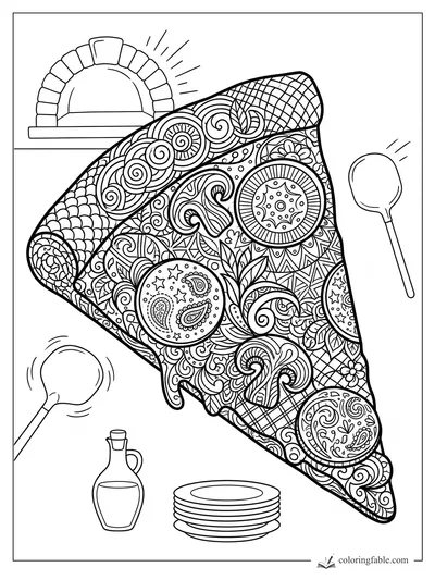 Intricate zentangle pizza slice with patterned toppings, brick oven, spoons, oil bottle, and plates