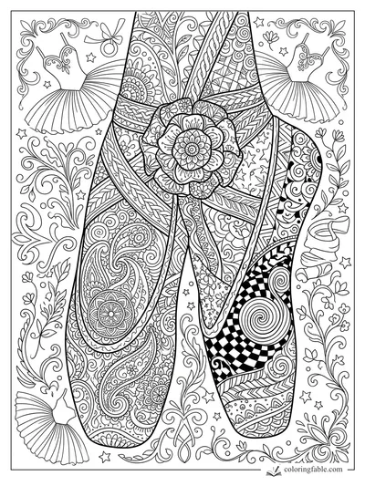 Intricate zentangle pointe shoes with floral bow, tutus, stars, vines, and swirling patterns
