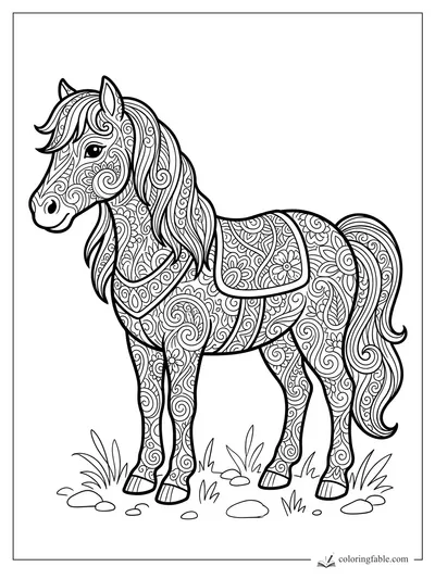 Intricate zentangle pony with floral patterns, long mane, saddle blanket, grass, and stones.