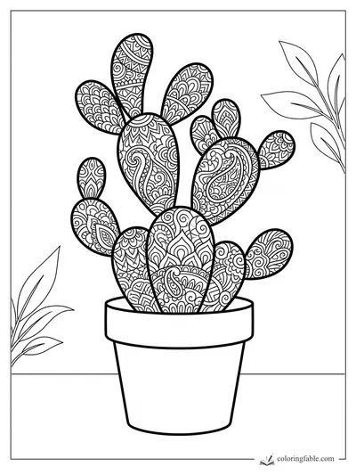 Intricate zentangle prickly pear cactus in a flower pot with leafy sprigs on both sides