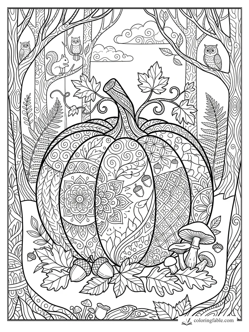 Intricate zentangle pumpkin with owls, squirrel, acorns, mushrooms, ferns, and maple leaves in a forest