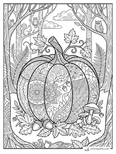 Intricate zentangle pumpkin with owls, squirrel, acorns, mushrooms, ferns, and maple leaves in a forest