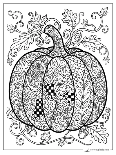 Intricate zentangle pumpkin with oak leaves, acorns, curling vines, paisley, checks, and scallop patterns.
