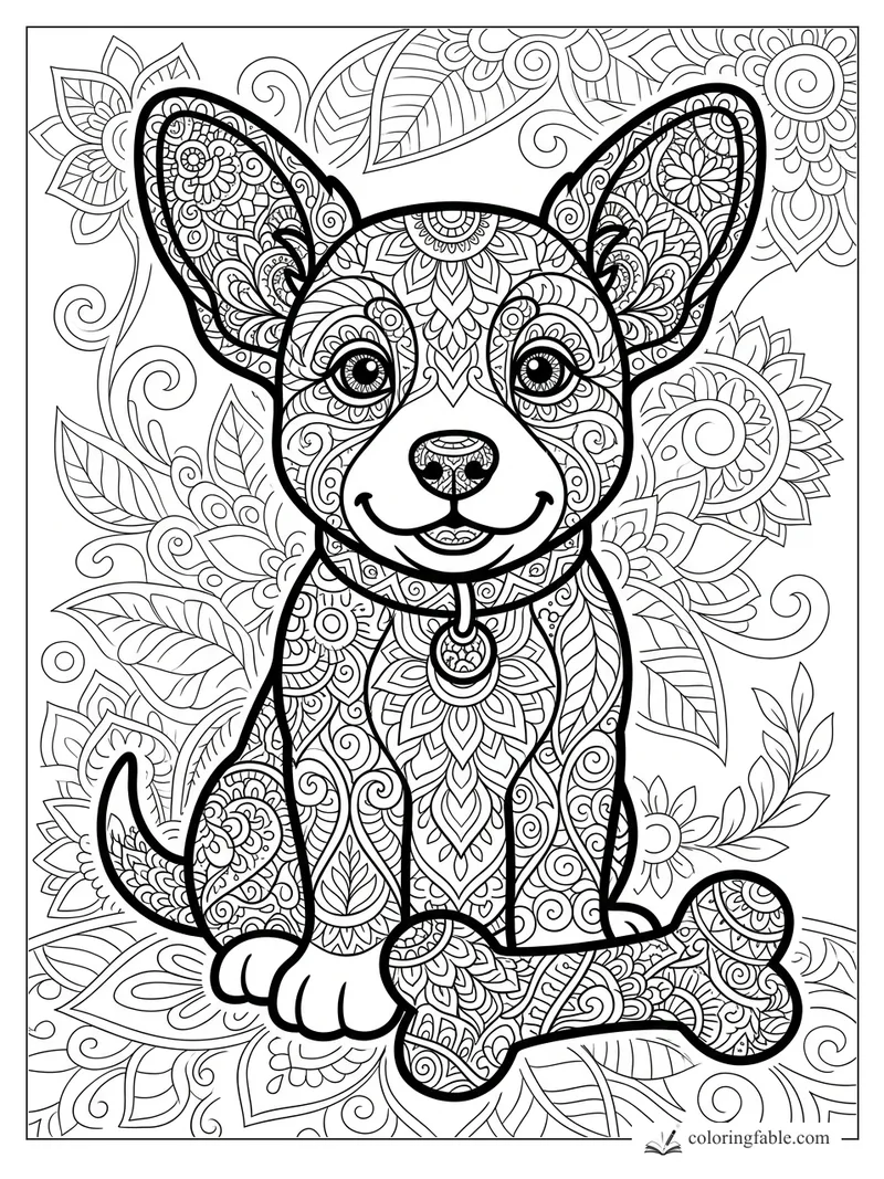 Intricate zentangle puppy with patterned ears, smiling face, collar charm, flowers, leaves, and a bone.