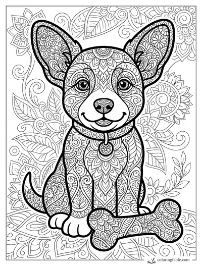 Intricate zentangle puppy with patterned ears, smiling face, collar charm, flowers, leaves, and a bone.