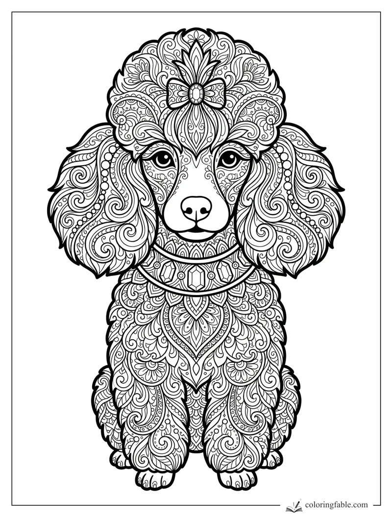 Intricate zentangle puppy with floppy ears, jeweled collar, floral headpiece, and paisley fur patterns