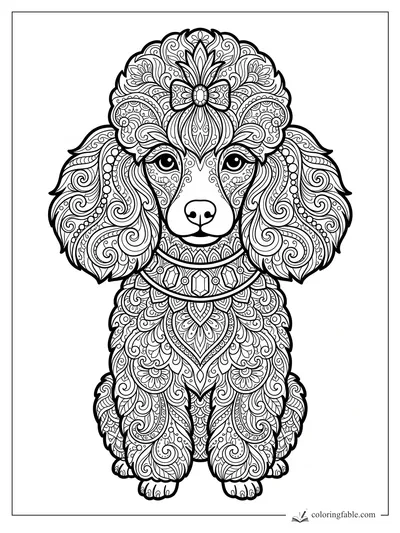 Intricate zentangle puppy with floppy ears, jeweled collar, floral headpiece, and paisley fur patterns