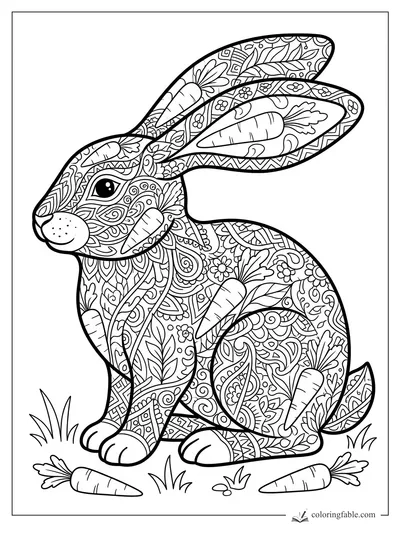 Intricate zentangle rabbit with long ears, carrot motifs, flowers, leaves, and carrots on the grass.