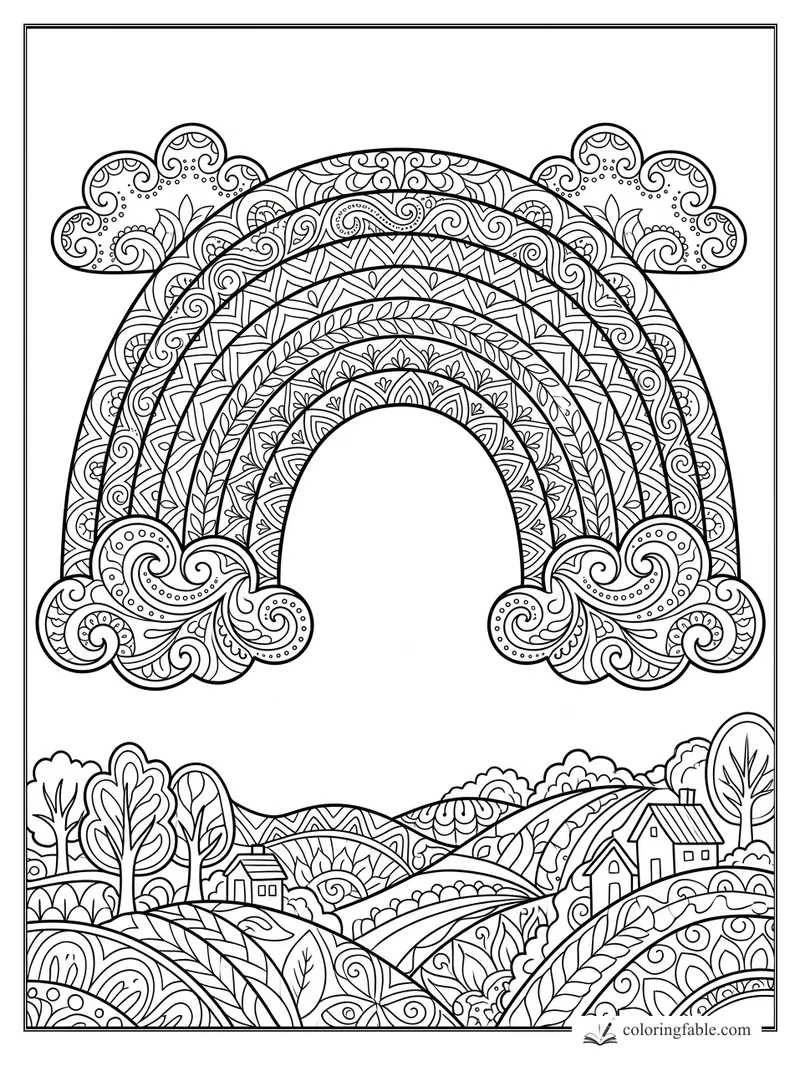 Intricate zentangle rainbow with swirling clouds above patterned hills, trees, and small houses