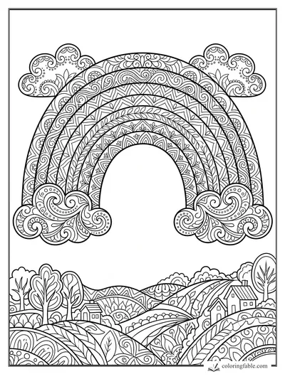 Intricate zentangle rainbow with swirling clouds above patterned hills, trees, and small houses