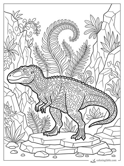 Intricate zentangle raptor on layered rocks among tall crystals, curled ferns, and jungle leaves
