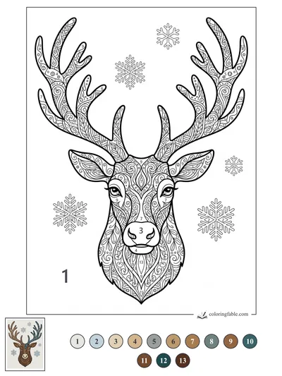 Zentangle Reindeer with Patterned Antlers — color by number