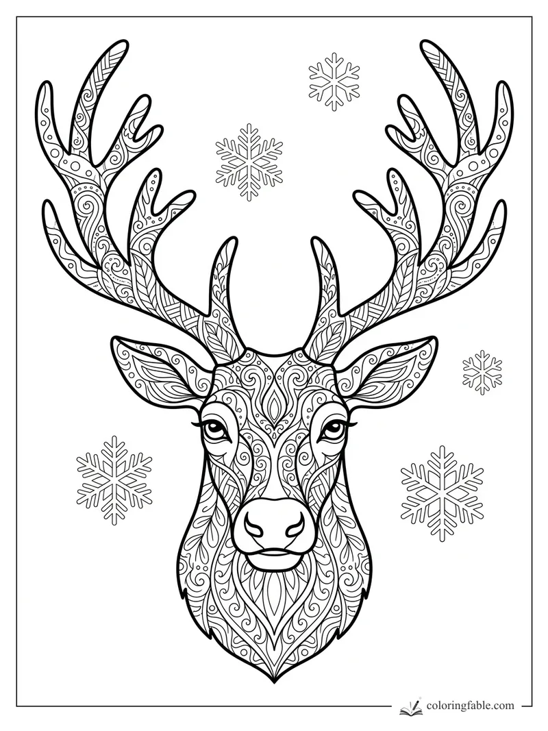 Intricate zentangle reindeer head with patterned antlers and snowflakes coloring page
