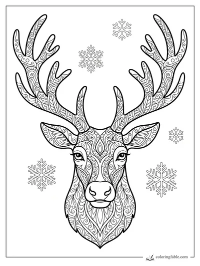 Intricate zentangle reindeer head with patterned antlers and snowflakes coloring page