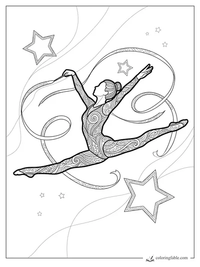 Intricate zentangle gymnast leaping with a ribbon among outlined stars and flowing background lines.