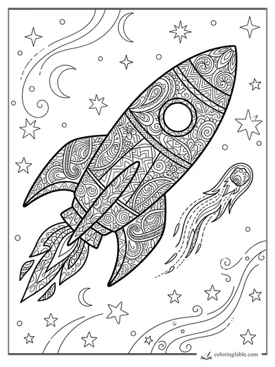 Intricate zentangle rocket flying past stars, crescent moons, swirl trails, and a small comet